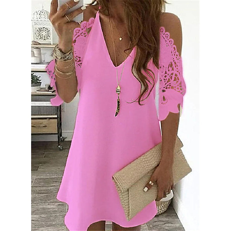 Women's Half Sleeve Solid Cutout Shift Dress Women's Dresses Pink S - DailySale