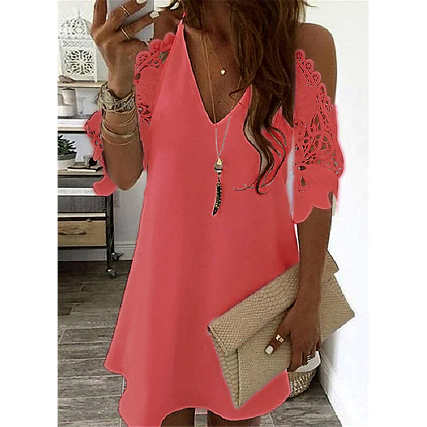 Women's Half Sleeve Solid Cutout Shift Dress Women's Dresses Red S - DailySale