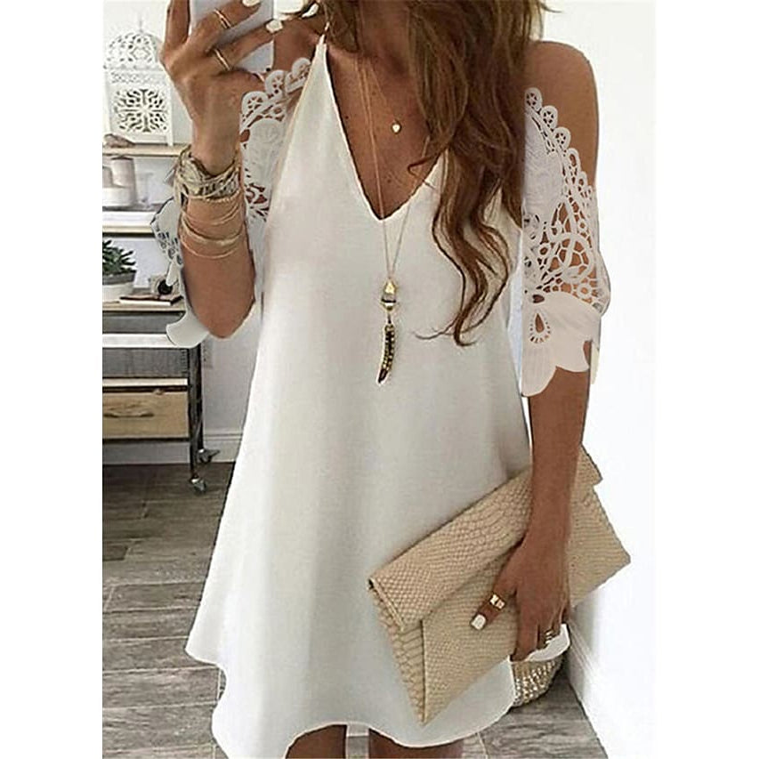 Women's Half Sleeve Solid Cutout Shift Dress Women's Dresses White S - DailySale