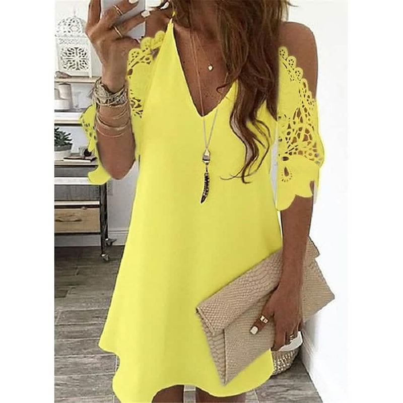 Women's Half Sleeve Solid Cutout Shift Dress Women's Dresses Yellow S - DailySale