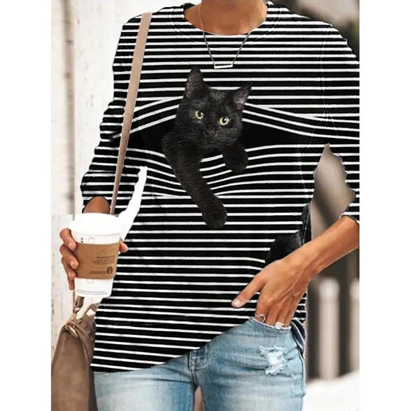 Women's Halloween Tunic T shirt Striped Cat 3D Cartoon Long Sleeve Print Round Neck Women's Tops Black S - DailySale