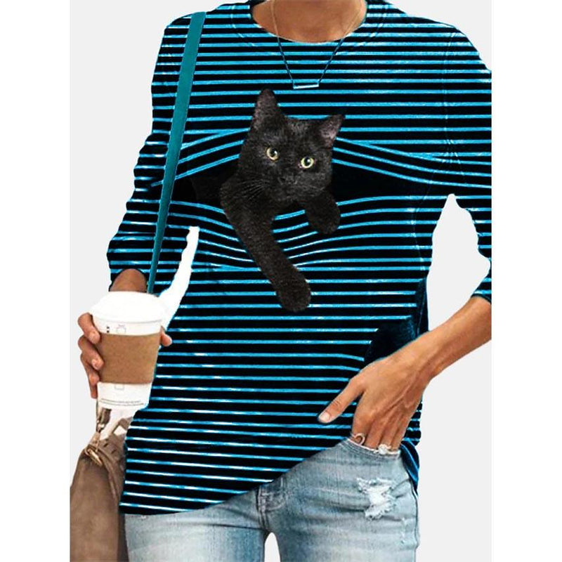Women's Halloween Tunic T shirt Striped Cat 3D Cartoon Long Sleeve Print Round Neck Women's Tops Blue S - DailySale