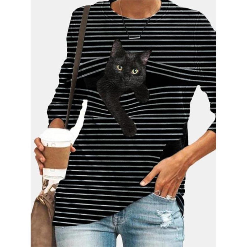 Women's Halloween Tunic T shirt Striped Cat 3D Cartoon Long Sleeve Print Round Neck Women's Tops Gray S - DailySale