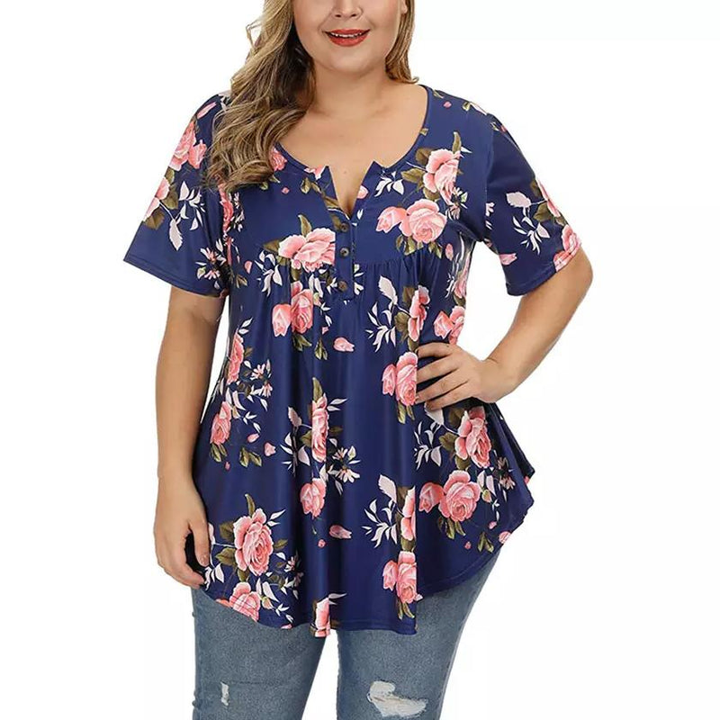 Women's Henley Shirts Floral Tunic Tops Short Sleeve Blouses