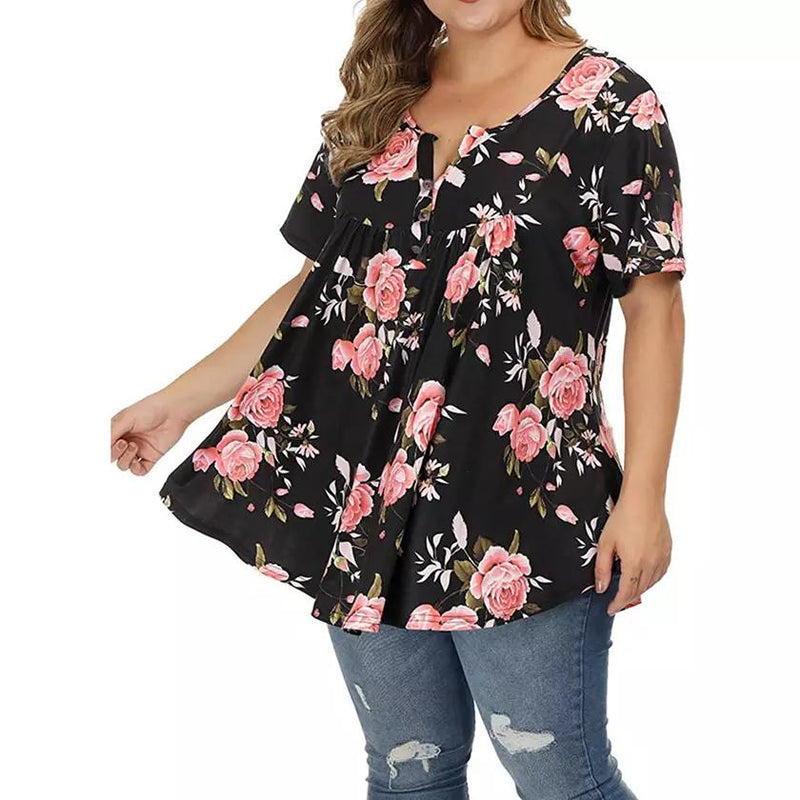 Women's Henley Shirts Floral Tunic Tops Short Sleeve Blouses