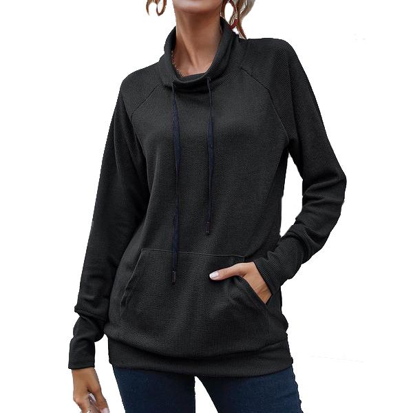 Women's High Collar Long Sleeve Lace Loose Pullover Top Hoodie Women's Tops Black S - DailySale
