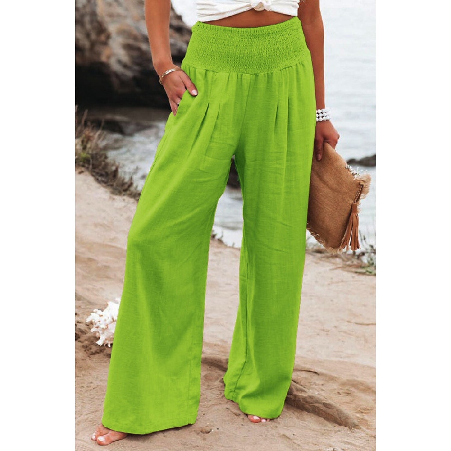 Women's High Waist Loose Wide Leg Pants Women's Bottoms Apple Green S - DailySale