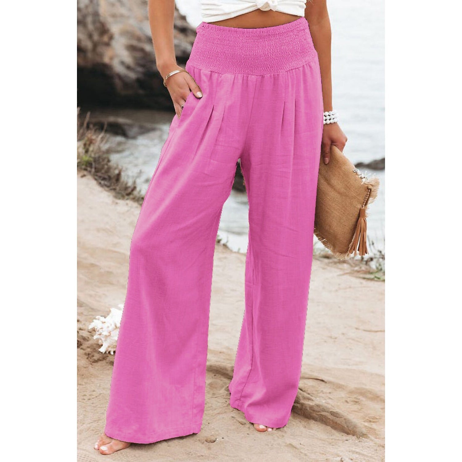 Women's High Waist Loose Wide Leg Pants Women's Bottoms Fuchsia S - DailySale