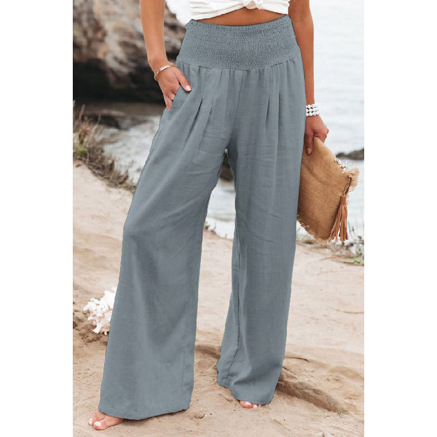 Women's High Waist Loose Wide Leg Pants Women's Bottoms Gray S - DailySale