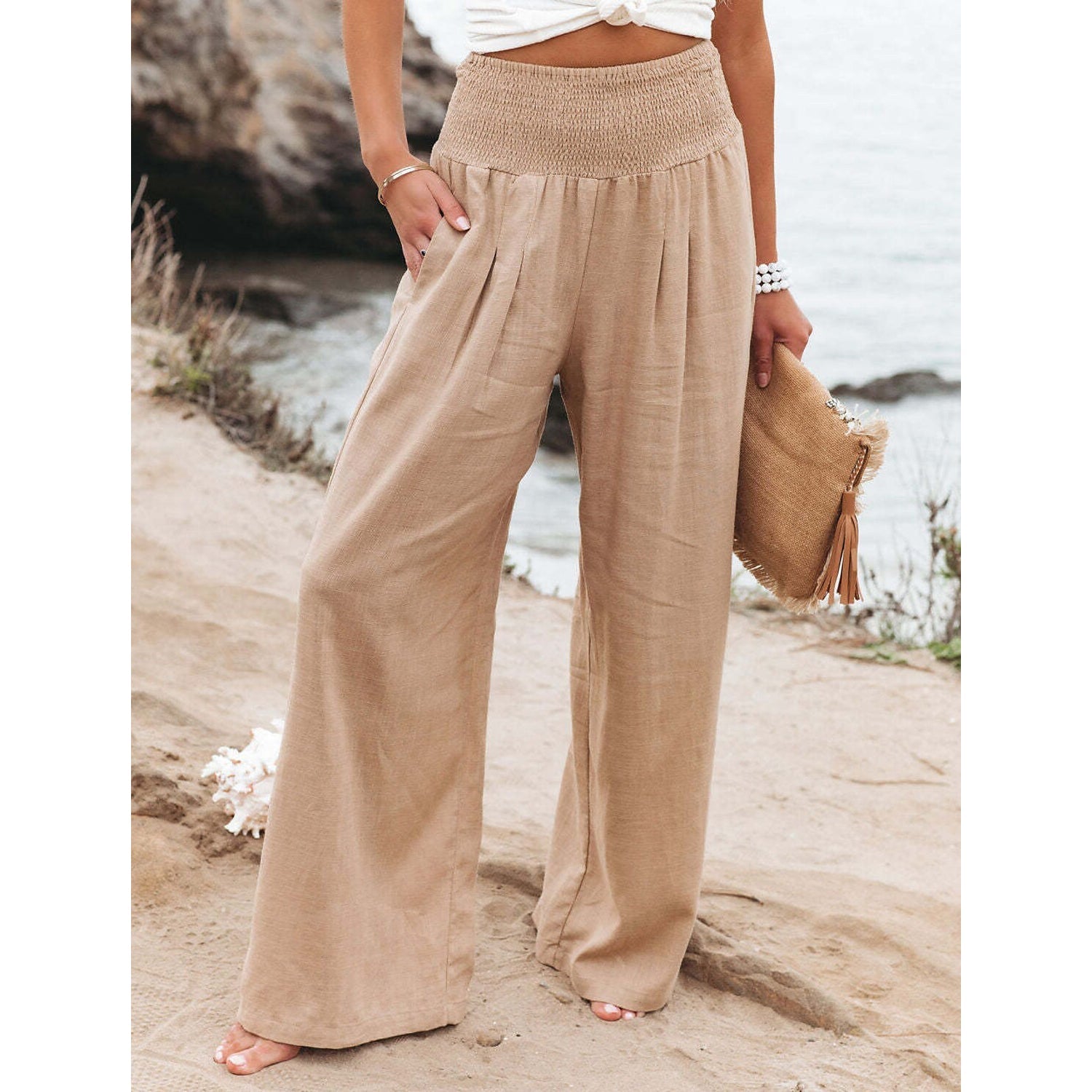 Women's High Waist Loose Wide Leg Pants Women's Bottoms Khaki S - DailySale