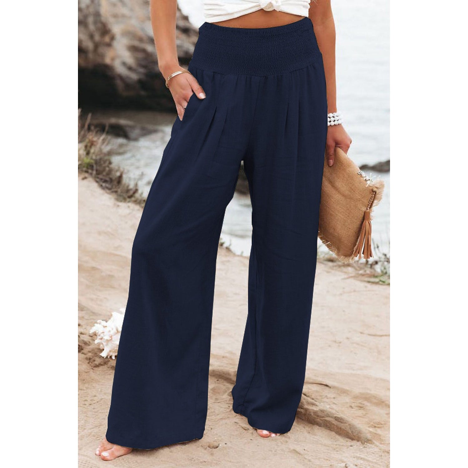 Women's High Waist Loose Wide Leg Pants Women's Bottoms Navy S - DailySale