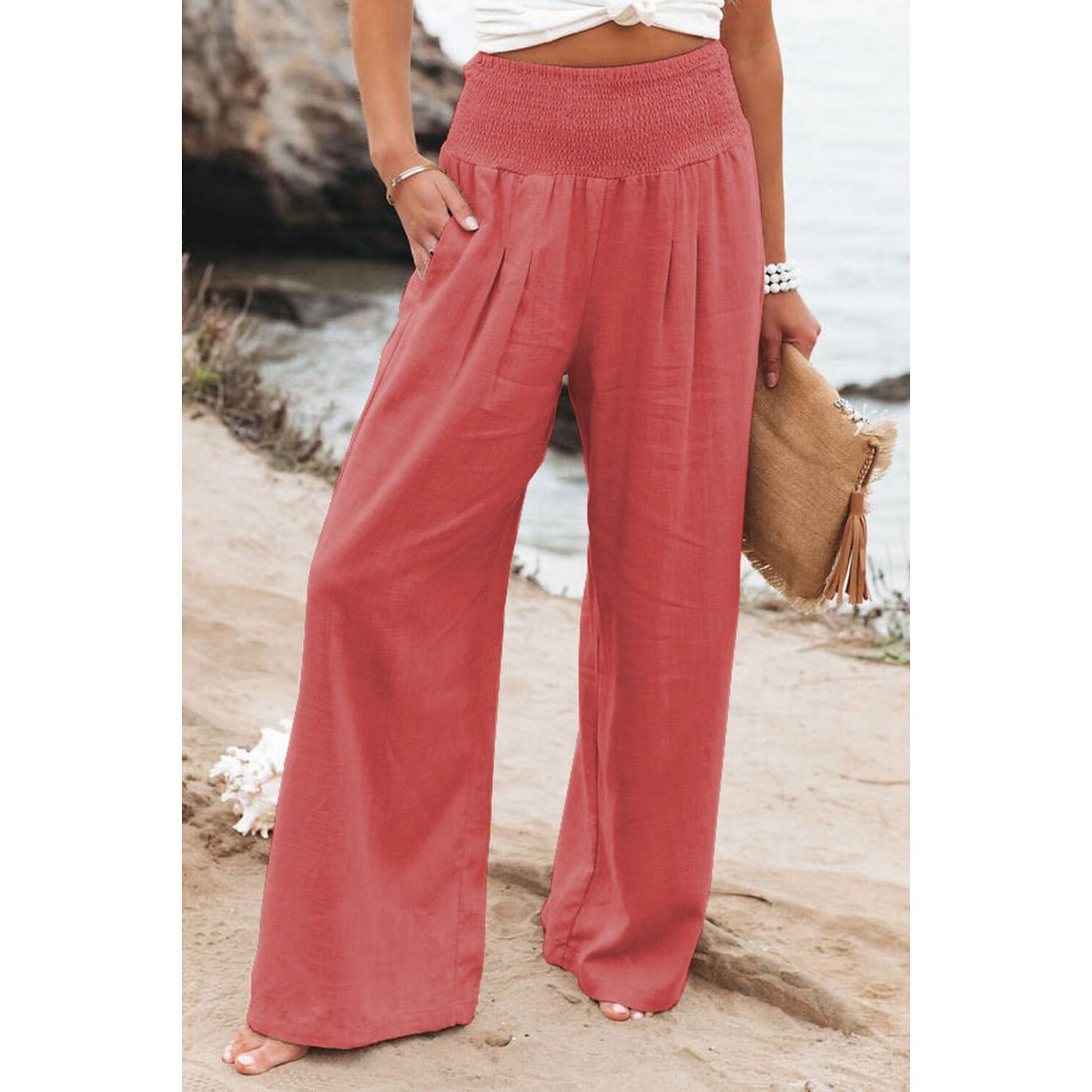 Women's High Waist Loose Wide Leg Pants Women's Bottoms Orange S - DailySale