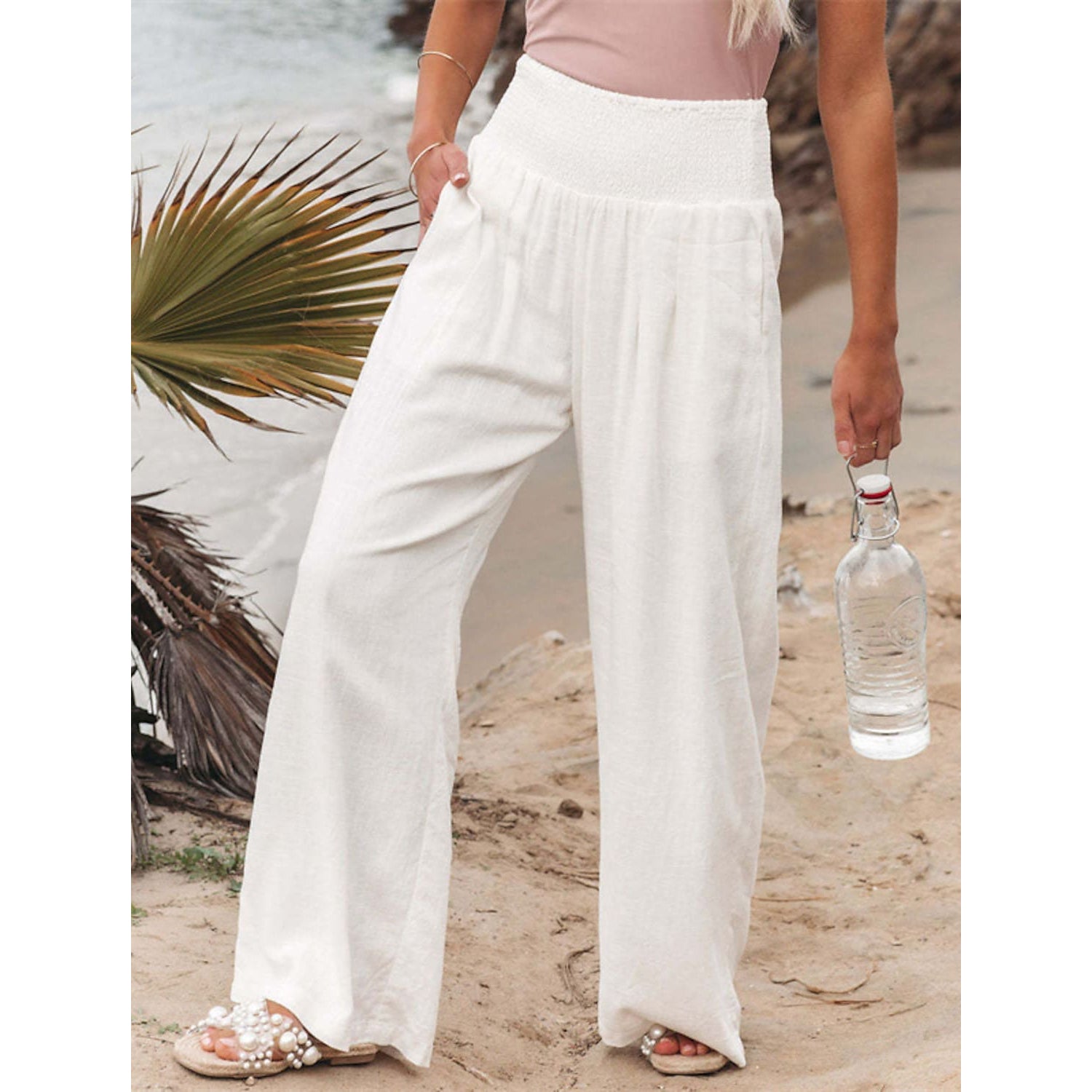 Women's High Waist Loose Wide Leg Pants Women's Bottoms White S - DailySale