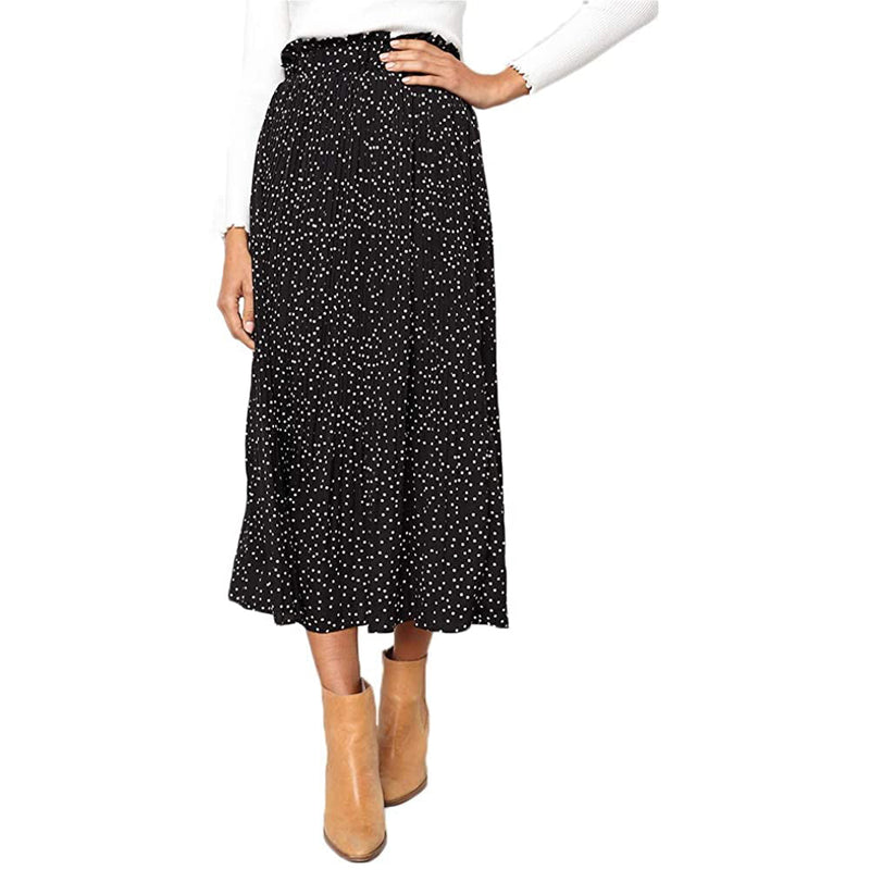 Womens High Waist Polka Dot Pleated Skirt