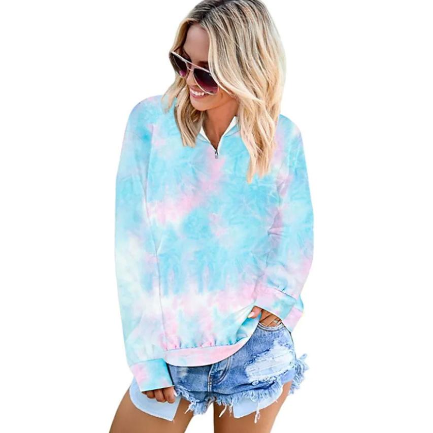 Women's Hoodie Pullover Quarter Zip Tie Dye Women's Tops Light Blue S - DailySale