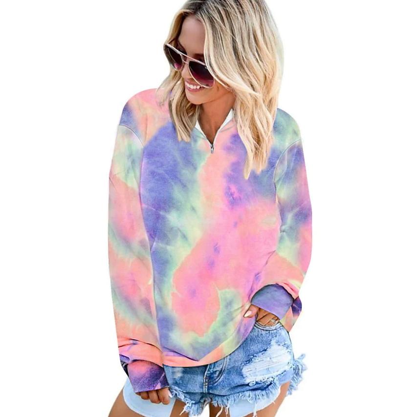 Women's Hoodie Pullover Quarter Zip Tie Dye Women's Tops Pink S - DailySale