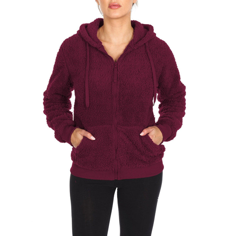 Women's Inner and Outer Sherpa Hoodie Sweatshirt Jacket Women's Clothing Burgundy S - DailySale