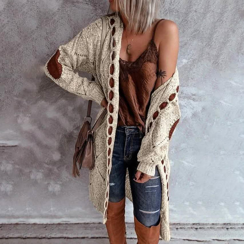 Women's Knitted Color Block Hooded Cardigan Sweater Women's Outerwear Beige S - DailySale