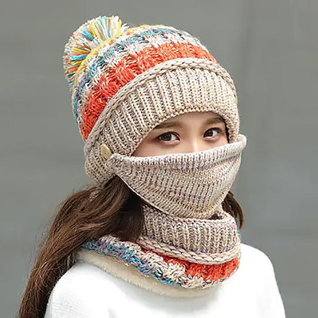 Women's Knitted Hat Scarf Mask Set Women's Shoes & Accessories Beige - DailySale