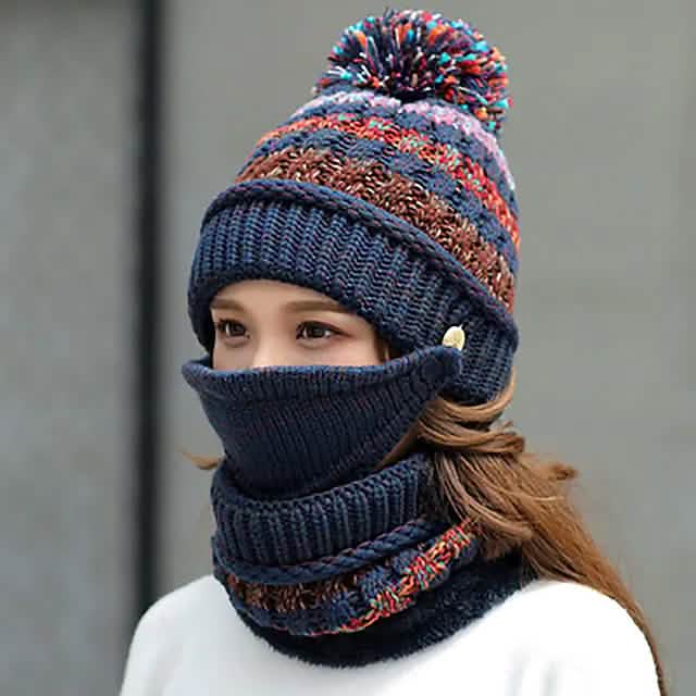 Women's Knitted Hat Scarf Mask Set Women's Shoes & Accessories Blue - DailySale