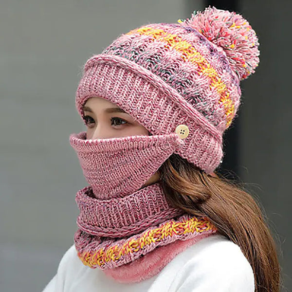 Women's Knitted Hat Scarf Mask Set Women's Shoes & Accessories Pink - DailySale
