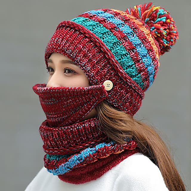 Women's Knitted Hat Scarf Mask Set Women's Shoes & Accessories Red - DailySale