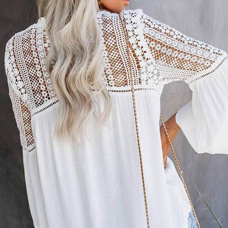 Women's Lace Crochet V Neck 3/4 Sleeve Button Down Blouses Casual Shirts Tops