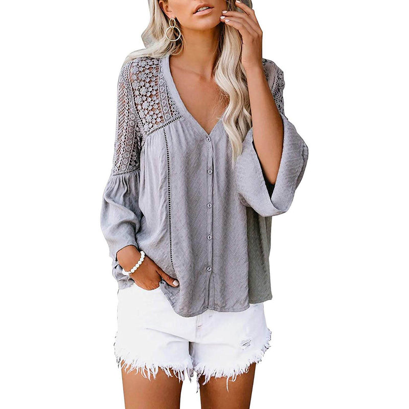 Women's Lace Crochet V Neck 3/4 Sleeve Button Down Blouses Casual Shirts Tops