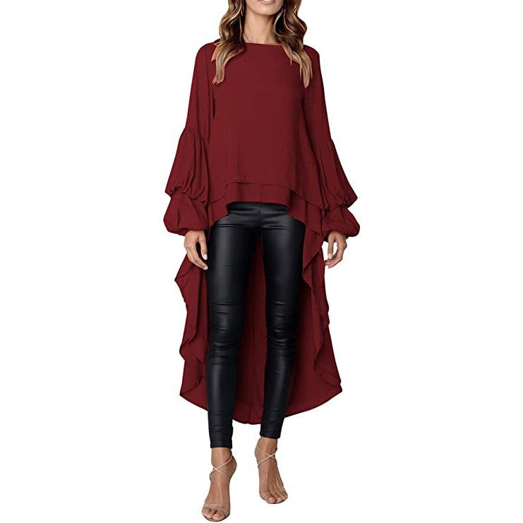 Women's Lantern Long Sleeve Casual Top Women's Tops Wine Red S - DailySale