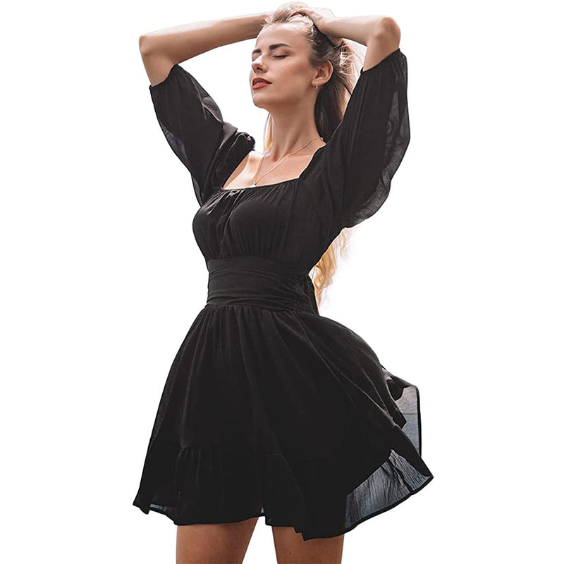 Women's Lantern Sleeve Tie Back Mini Dress Women's Dresses Black S - DailySale