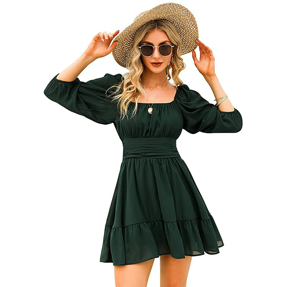 Women's Lantern Sleeve Tie Back Mini Dress Women's Dresses Dark Green S - DailySale