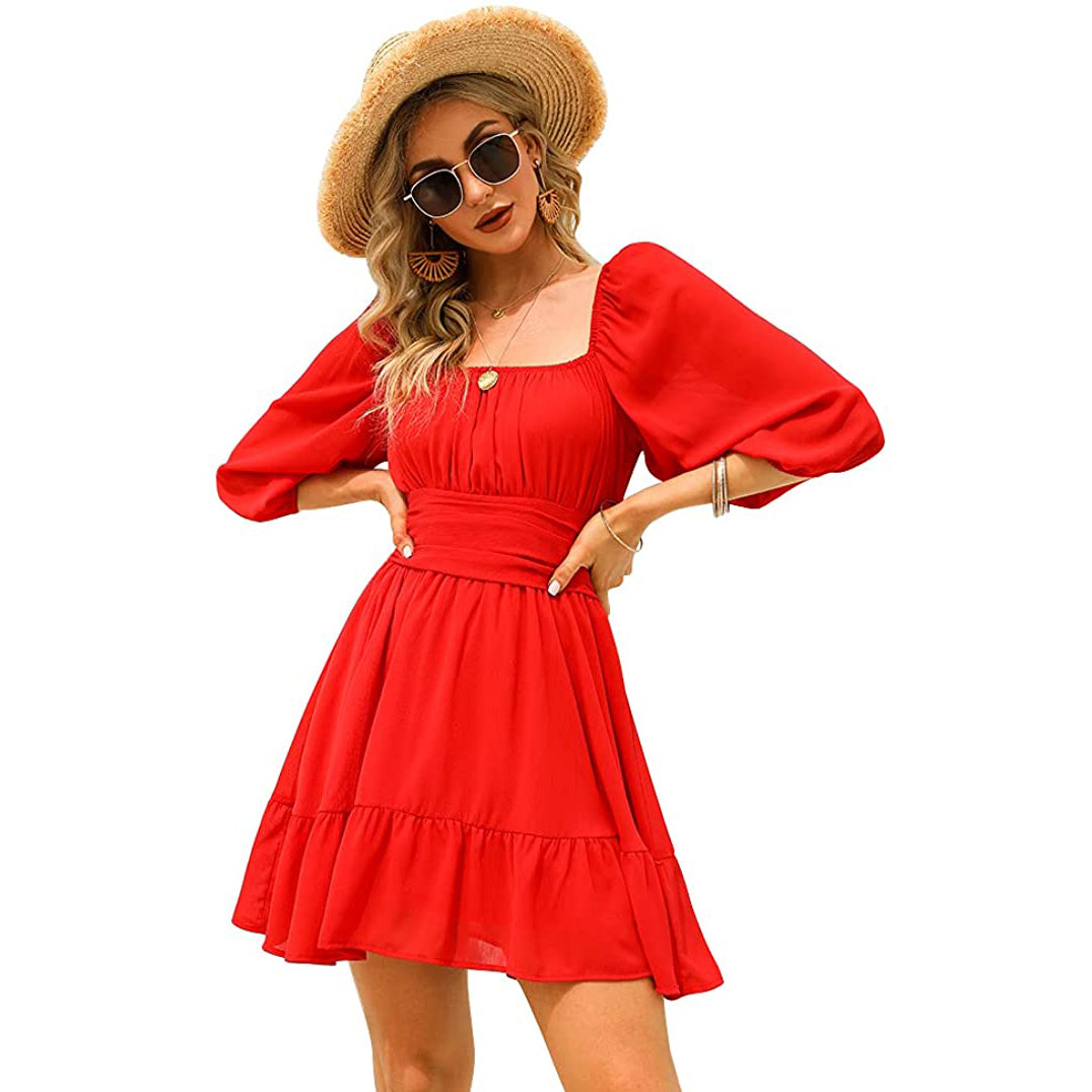 Women's Lantern Sleeve Tie Back Mini Dress Women's Dresses Red S - DailySale