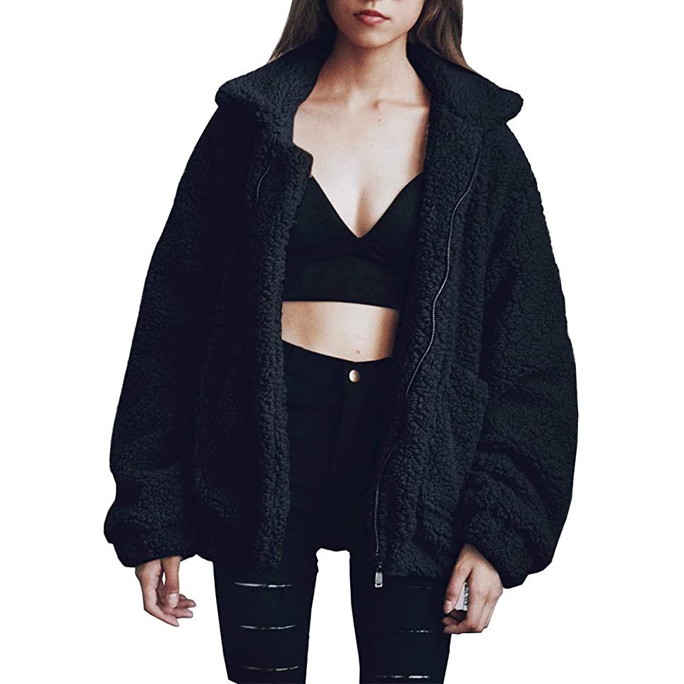 Women's Lapel Zip Up Faux Shearling Shaggy Coat Jacket Women's Outerwear Black S - DailySale