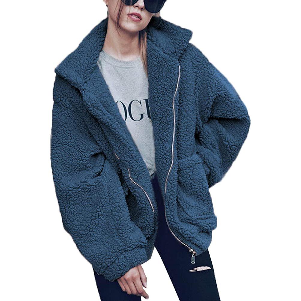 Women's Lapel Zip Up Faux Shearling Shaggy Coat Jacket Women's Outerwear Blue S - DailySale