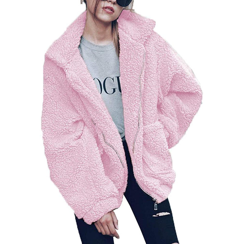 Women's Lapel Zip Up Faux Shearling Shaggy Coat Jacket Women's Outerwear Pink S - DailySale