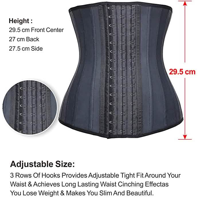 Dimensions of Women's Latex Sports Belt, including closeup for hooks