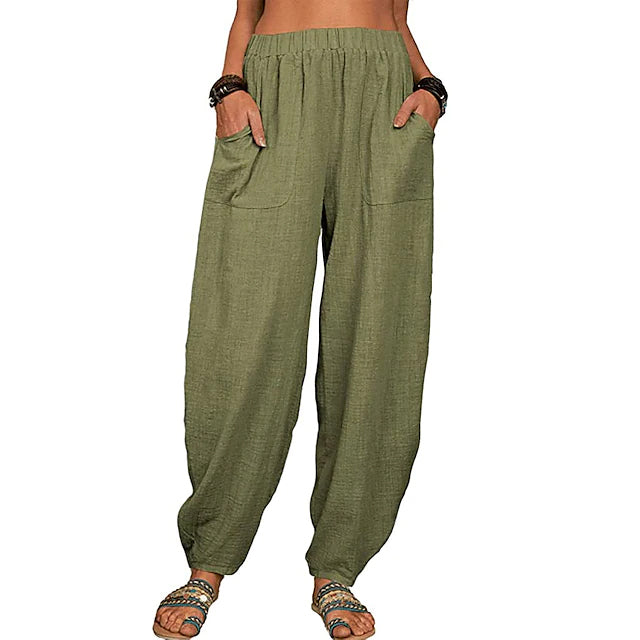 Women's Linen High Waist Wide Leg Pants Women's Bottoms Army Green S - DailySale