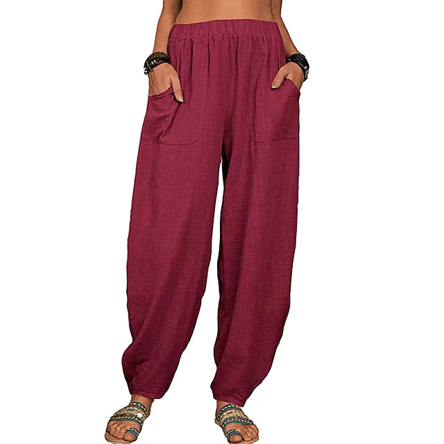 Women's Linen High Waist Wide Leg Pants Women's Bottoms Burgundy S - DailySale