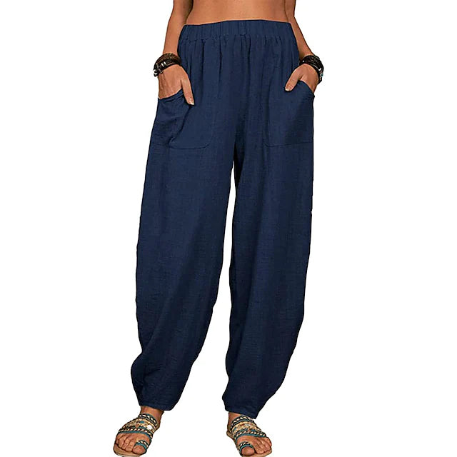 Women's Linen High Waist Wide Leg Pants Women's Bottoms Dark Navy S - DailySale