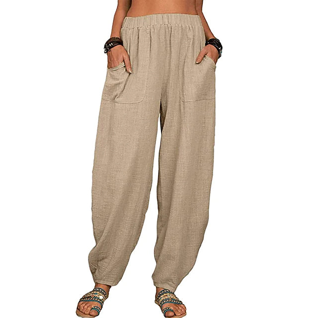 Women's Linen High Waist Wide Leg Pants Women's Bottoms Khaki S - DailySale