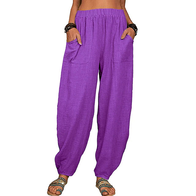 Women's Linen High Waist Wide Leg Pants Women's Bottoms Purple S - DailySale