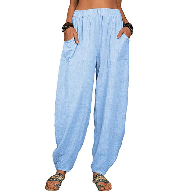 Women's Linen High Waist Wide Leg Pants Women's Bottoms Sky Blue S - DailySale