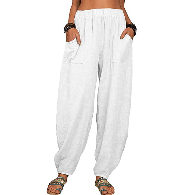 Women's Linen High Waist Wide Leg Pants Women's Bottoms White S - DailySale