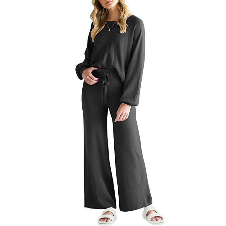 Women’s Long Lantern Sleeve Crop Top with Wide Leg Pants Lounge Set Women's Loungewear Black S - DailySale