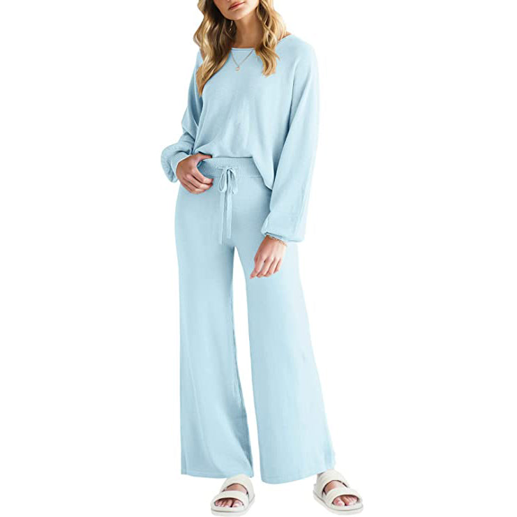 Women’s Long Lantern Sleeve Crop Top with Wide Leg Pants Lounge Set Women's Loungewear Blue S - DailySale