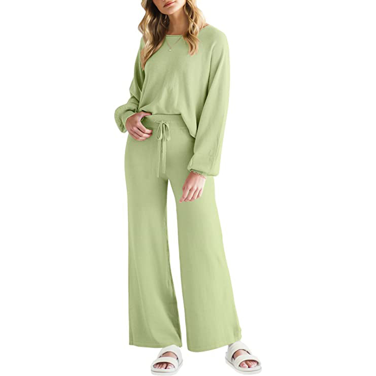 Women’s Long Lantern Sleeve Crop Top with Wide Leg Pants Lounge Set Women's Loungewear Green S - DailySale