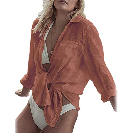 Women's Long Sleeve Beach Shirt Blouse Women's Tops Rust - DailySale