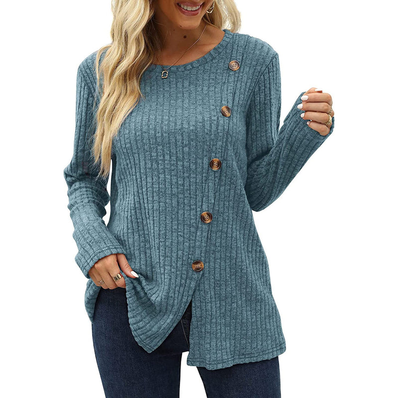 Women's Long Sleeve Crew Neck Tunic Tops Buttons Side