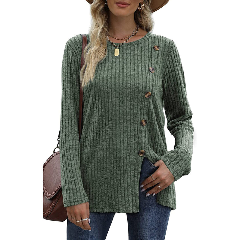 Women's Long Sleeve Crew Neck Tunic Tops Buttons Side