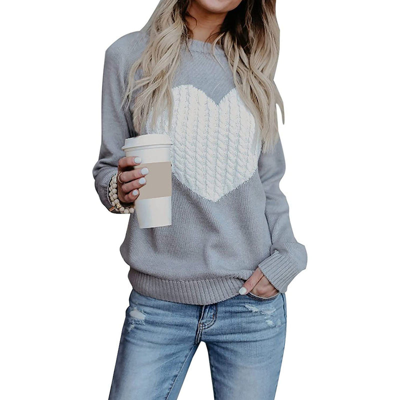 Women's Long Sleeve Crewneck Cute Heart Knitted Sweaters